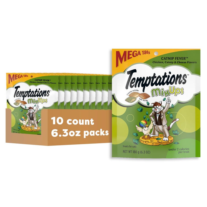 Temptations MixUps Catnip Fever Flavor Crunchy and Soft Cat Treats, 6.3 oz. Pouch (Pack of 10) - Image 1
